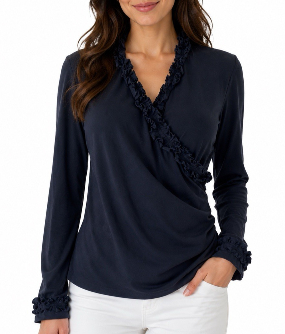 Anne Fontaine Edesse Black Top Blouse Faux Wrap V neck Surplice Ruffled 46 XL